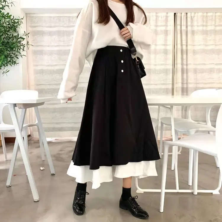 black leather skirt Korean Half Length Skirt Women's 2021 Spring Autumn High Waist Retro Short Skirt Academy Style Black and White A-line Long Skirt black skirt Skirts