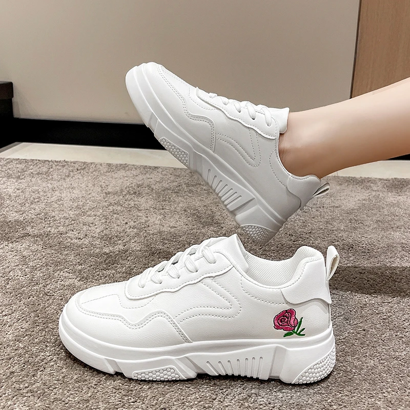 

Женские кроссовки из микрофибры, белые кроссовки на платформе, на вулканизированной подошве, с цветами, для весны и лета, 2022