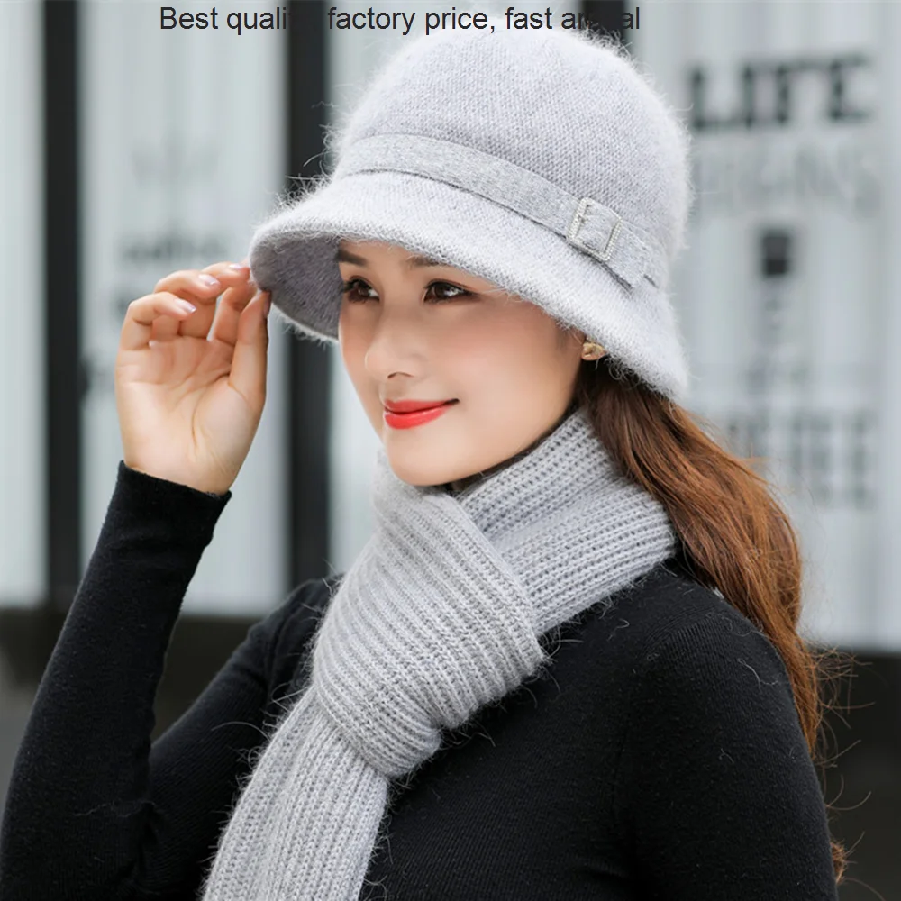 

High quality luxury brand New Winter Keep Cap Add Lined & Scarf Warm Set Fashion For Women Casual Rabbit Fur Knitted Bucket Hat