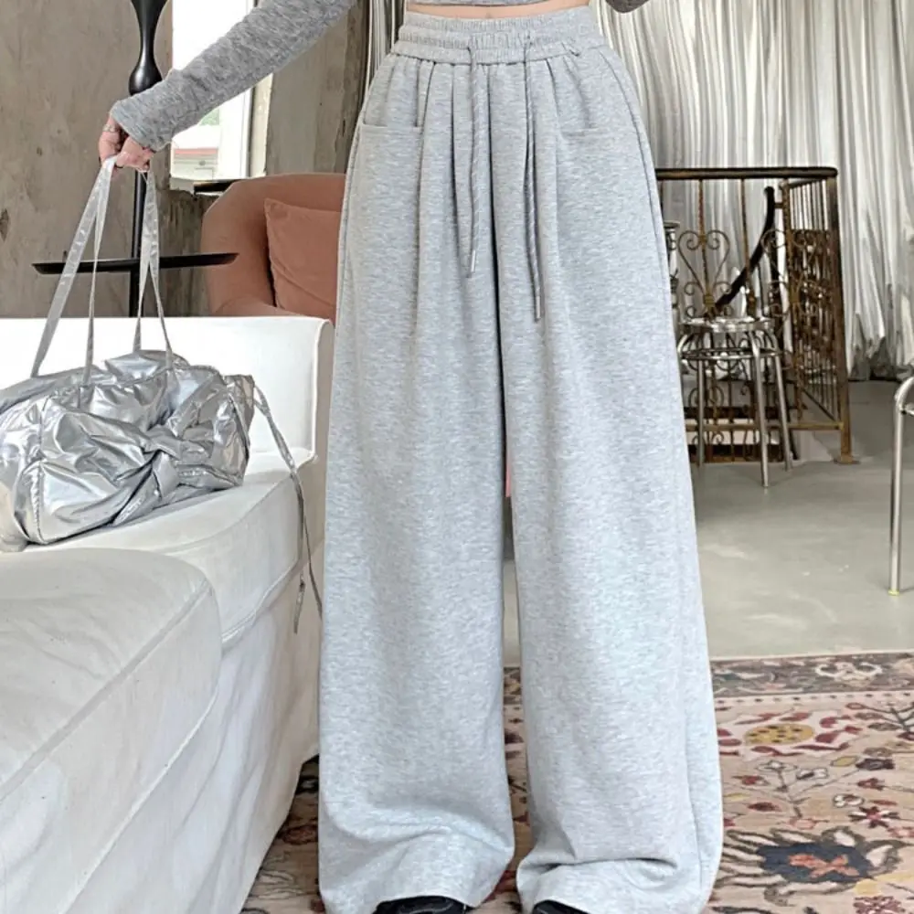 Breathable Drawstring Straight Leg Pants Loose Workout Trousers Casual Pants Women High Waist Autumn Wide Leg Pants Gym