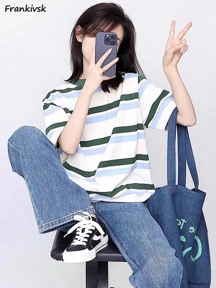 

Striped T-shirts Women Contrast Color Youthful Popular Half Sleeve Korean Style Harajuku All-match Streetwear Ladies Tops Summer