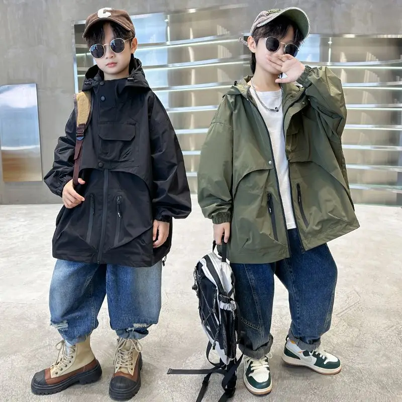 Spring Autumn Solid Korean Fashion New Full Sleeves Zipper Hooded Loose Cargo Coats Handsome Jackets Trench Outerwear