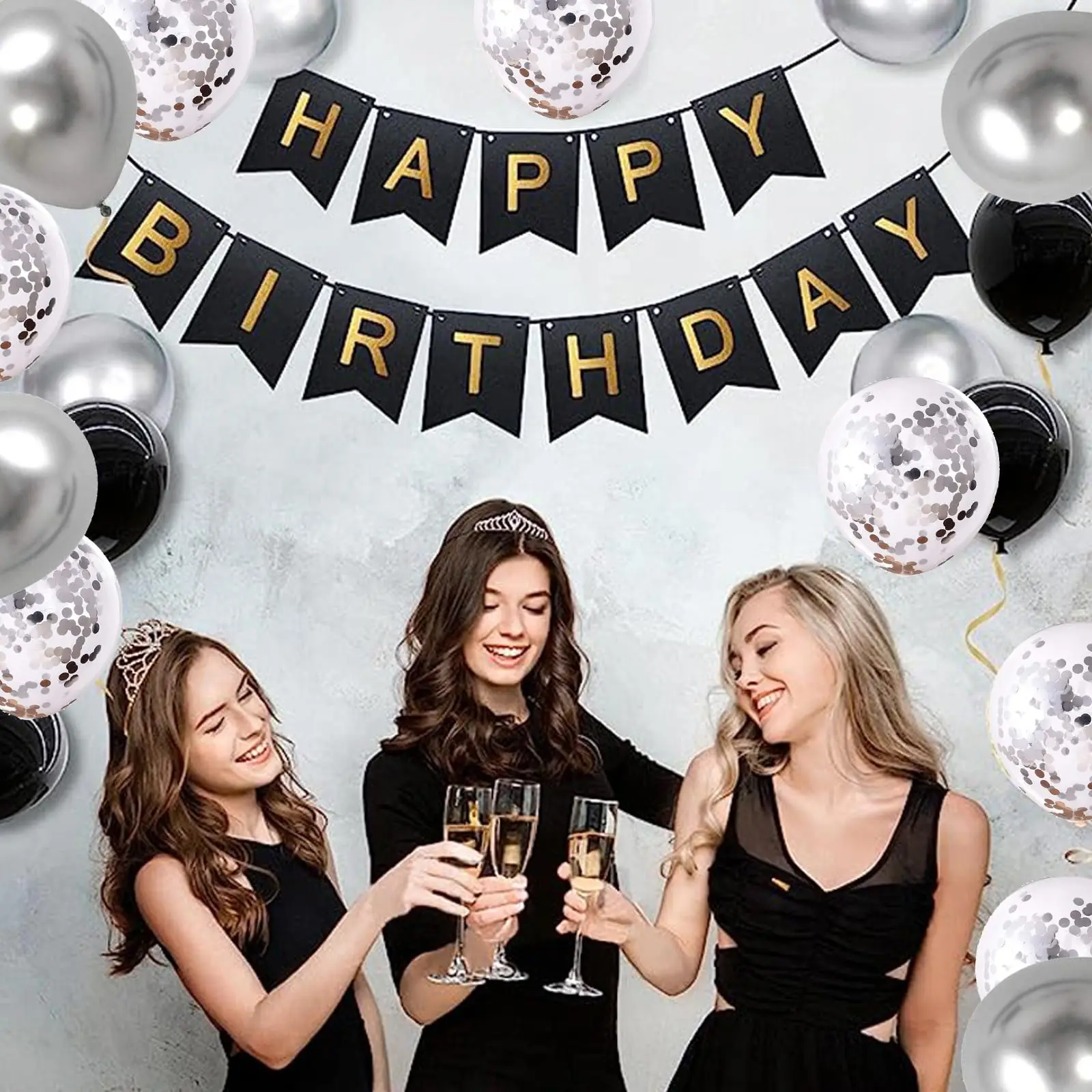 Happy Birthday Banner, Black and silver Party Decorations Happy Birthday Bunting Banners, 12 inch Happy Birthday Balloons Perfec