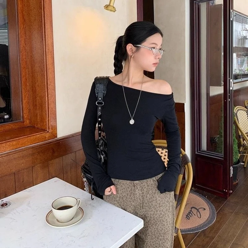 Deeptown Black Lace Patchwork Women T-Shirts Off Shoulder Hollow Out Long Sleeve Korean Fashion Slim Tees Coquette Aesthetic 2