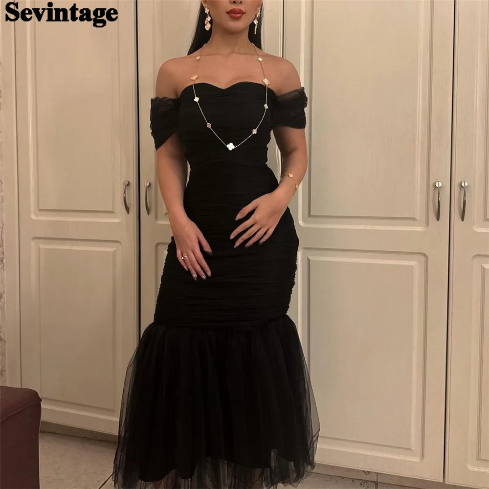 

Sevintage Elegant Black Tulle Prom Dress Mermaid Sweetheat Off The Shoulder Floor Length Ruched Evening Dress vestido de gala