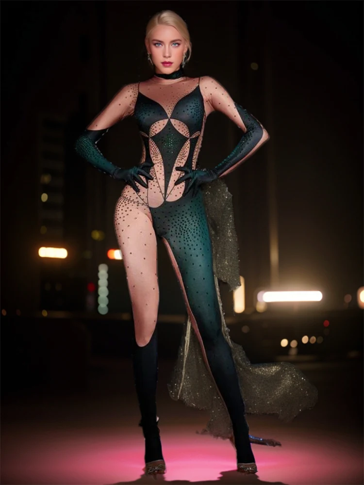 Sparkly Gold Rhinestones Jumpsuit With Gloves  Women Sexy Printed Party Nightclub Bar Singer Stage Performance Costume