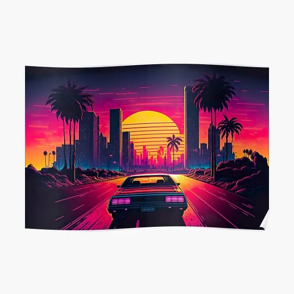 

Car Driving Towards Synthwave Sun Throug Poster Funny Painting Decoration Picture Print Modern Art Vintage Home Mural No Frame