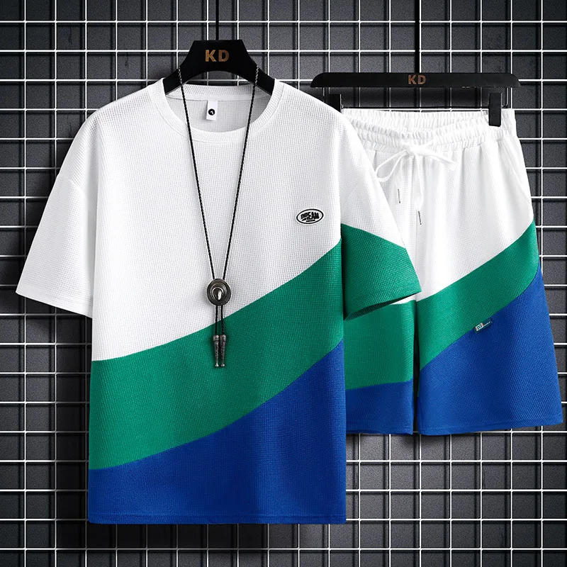 

2023 Summer Tracksuit Young Men Two Piece Set Casual T-Shirt +Shorts Set Color Block Sports Suit Fashion Short Sleeve Men Suits