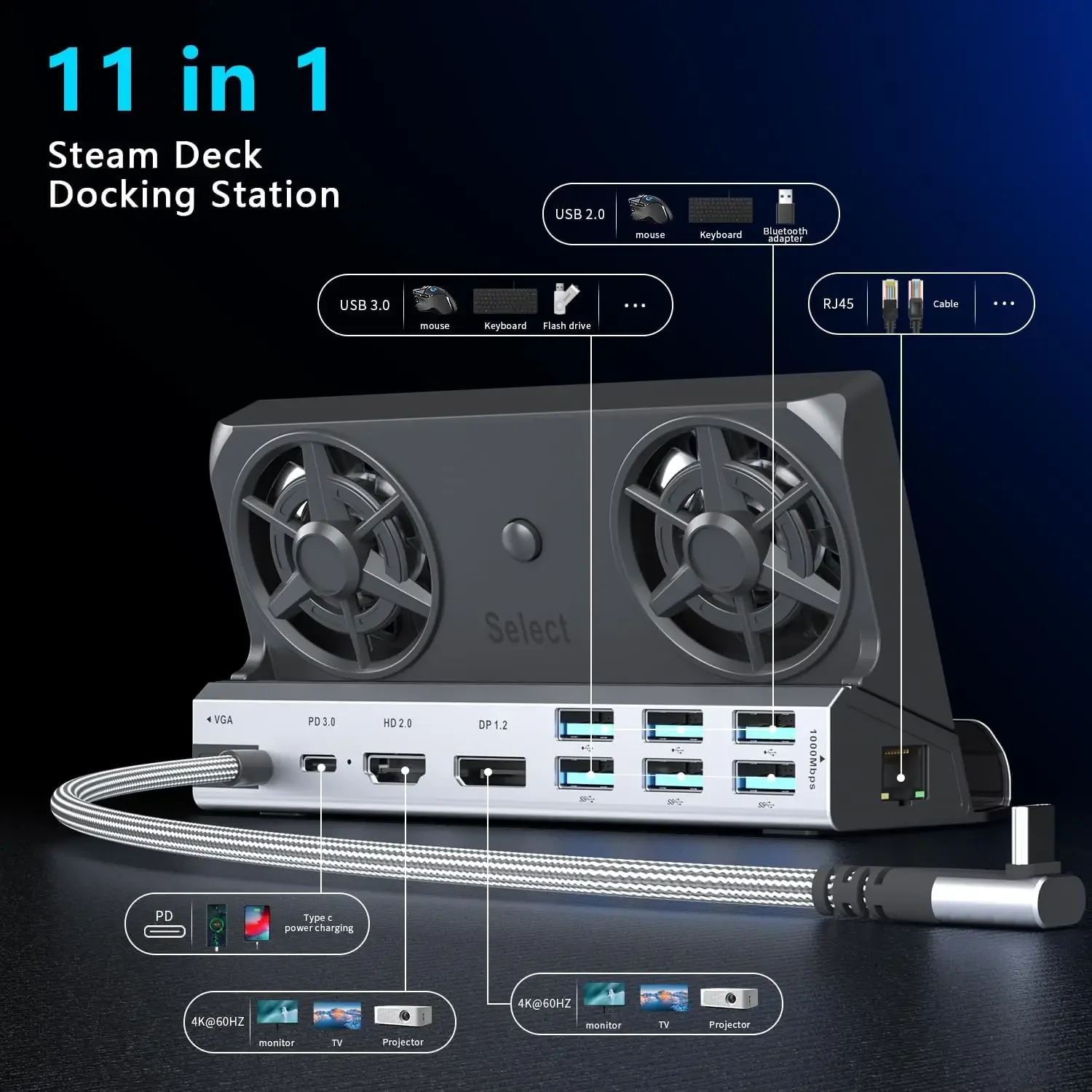 듀얼 냉각 팬 멀티 모니터 11 in 1 스팀 데크 도킹 스테이션, 4K@60Hz, Rog Ally/Switch/Legion Go용 VGA 1080P 100W PD