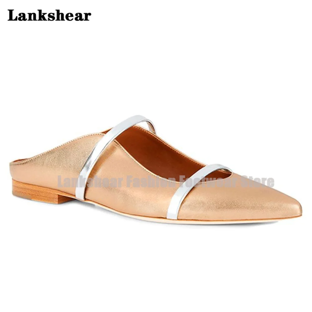 Double Straps Flats Slippers Women Mules Pointed Toe Flats Mules Shallow Narrow Bands Ladies Beach Shoes Tendencia Zapatos Mujer 6
