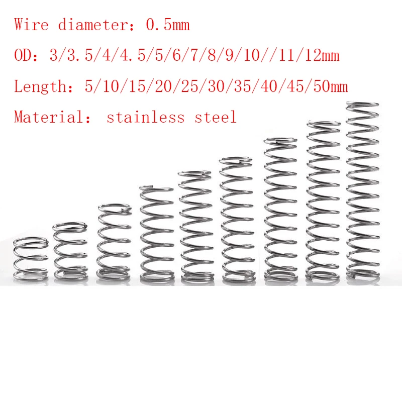 20pcs/Lot 0.5mm Stainless Steel Micro Small Compression Spring OD 3/3.5/4/4.5/5/6/7/8/9/10/11/12mm Length 5mm to 50mm