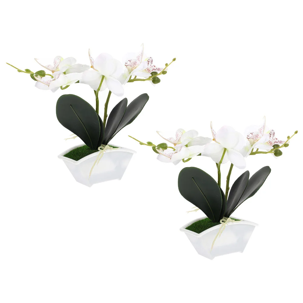 

2 Pcs Simulation Phalaenopsis Fake Flower Small Bonsai Faux Plant in Pot Plastic Vase Potted Ornaments Artificial Adornments
