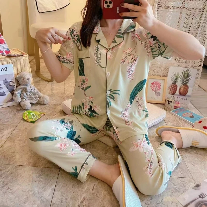 Spring Autumn Women's Milk Silk Pajamas Short Sleeve Cardigan Pants Loose Home Clothing Set Girl Cartoon Sweet Cute Sleepwear