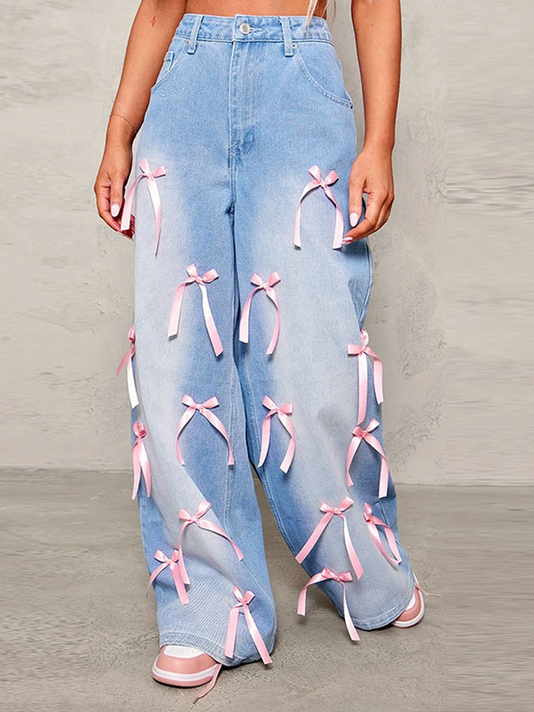 Designer Bow High Rise Women’s Jeans Wide Leg Denim Pants For Woman Washed Jeans with Pockets Baggy Denims Trousers 3
