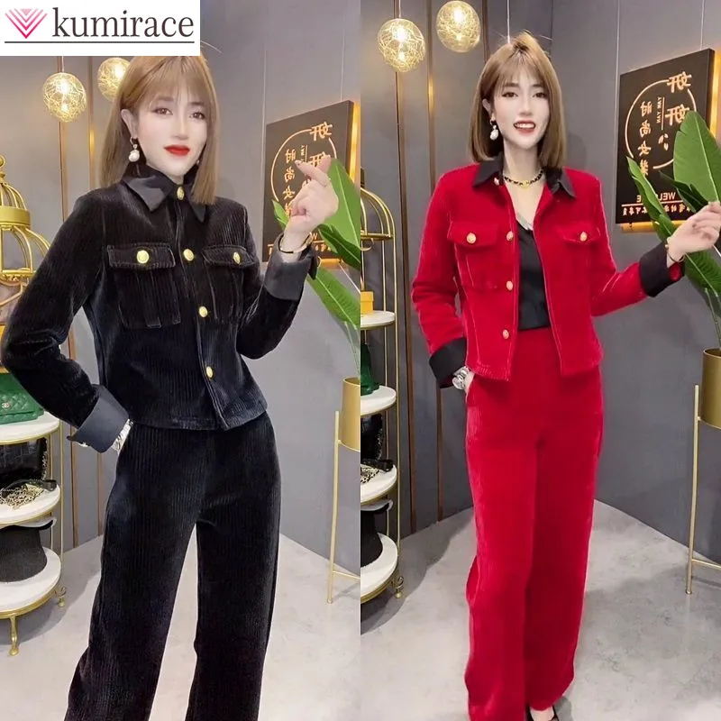 2022 Winter New Korean Fashion Boutique Corduroy Polo Jacket Casual Trousers Two Piece Elegant Women's Pants Set Office Set 2022 candy colors pink blue jeans classic modern new bell bottom corduroy women cotton streetwear trousers corduroy flare pants