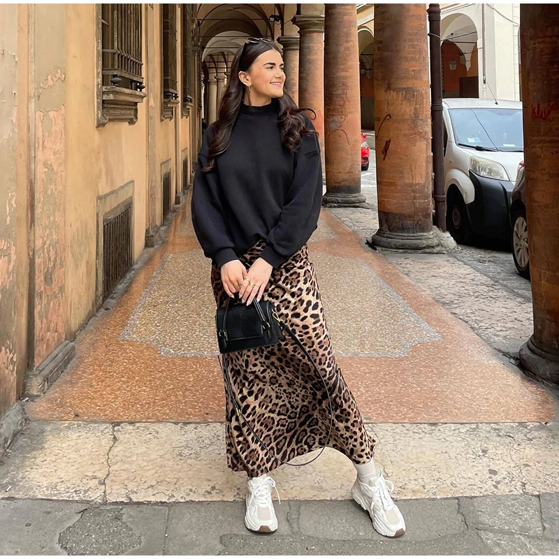 Faldas largas con estampado de leopardo para mujer, elegantes, holgadas, de cintura alta, estilo midi, informales, de verano