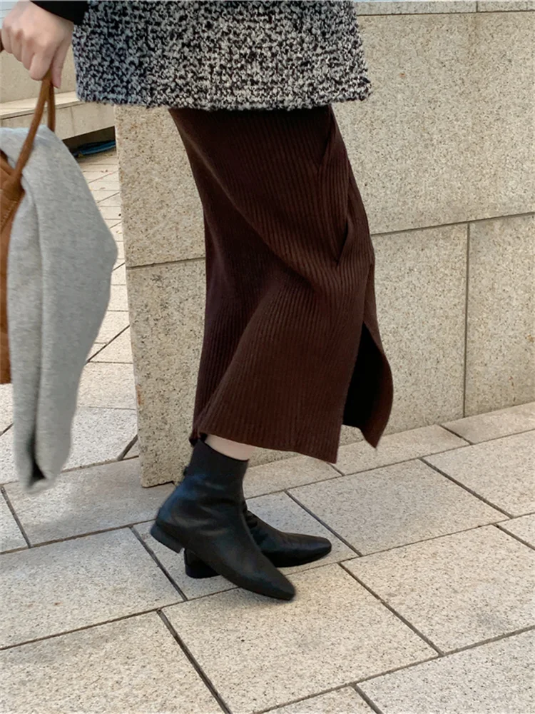 

Knitted Skirts for Women 2023 New Fashion Vintage High Waisted Slim Midi Skirt Chic Casual Asymmetrical Split Skirts