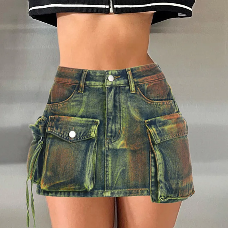 Sexy Hotsgirl Pockets Denim Short Skirts Asymmetrical Fashion High Waist Clubwear Skirt Streetwear Casual Club Bottoms Outfits