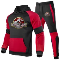 2024 Spring Autumn Jurassic Park Logo Printed Sports Hoodies Splicing Set Men's Fashion Hooded Tracksuit+Joggers Sweatpants Suit 1