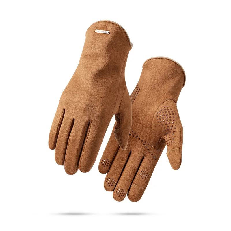 Winter warm gloves men's fingerless touch screen windproof and coldproof riding sports plus velvet thickened suede gloves