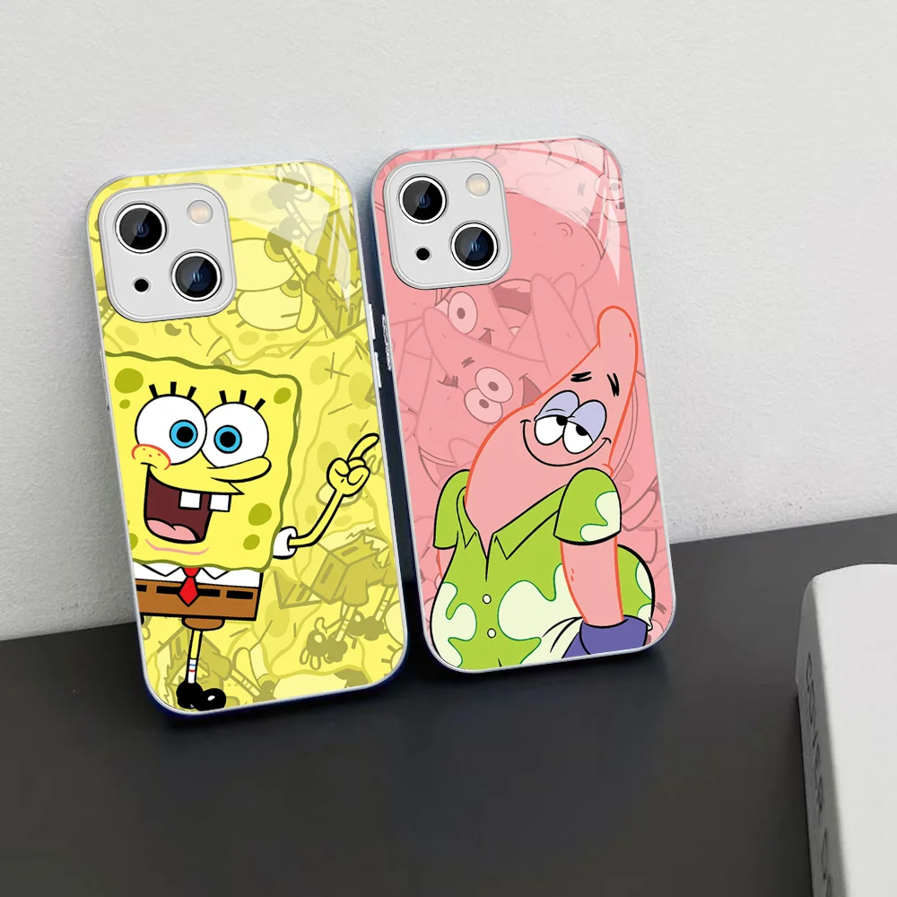 

Funny Cartoon S_SpongeBobS S_SquarePants Mousepad Tempered Glass For iphone 14 13 12 11 Pro Mini XS MAX 14Plus X XS XR Fundas
