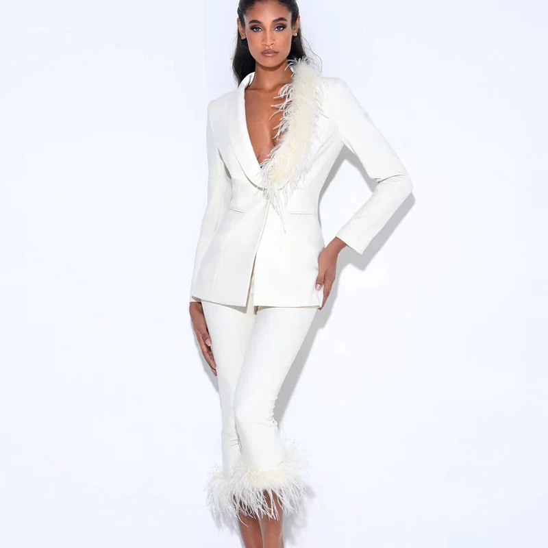

Модный однотонный костюм с воротником, декоративное однобортное пальто с перьями для костюма, для женщин, Капри, декоративный костюм из двух частей с перьями