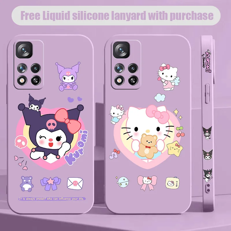 Cute Hello Kitty Head Per Xiaomi Redmi Note 7 8 9 10 T S Lite Pro Max 5G Liquid Left Rope Phone Case Soft Shell Cover