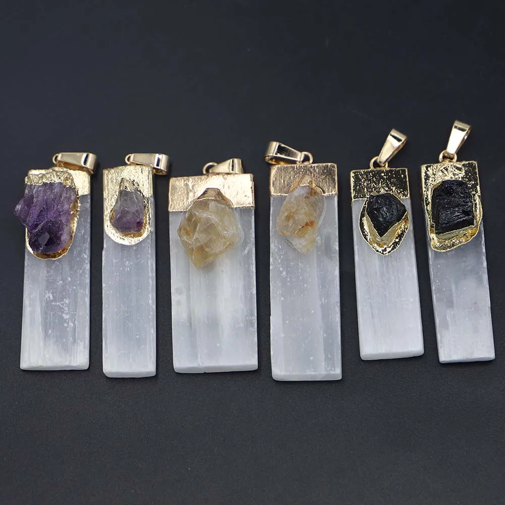 

Новый натуральный камень, пластырь из селенита, подвеска из черного турмалина, аметиста, цитрина, минеральные ювелирные изделия, очарование восстановления энергии, сделай сам, 6 шт.