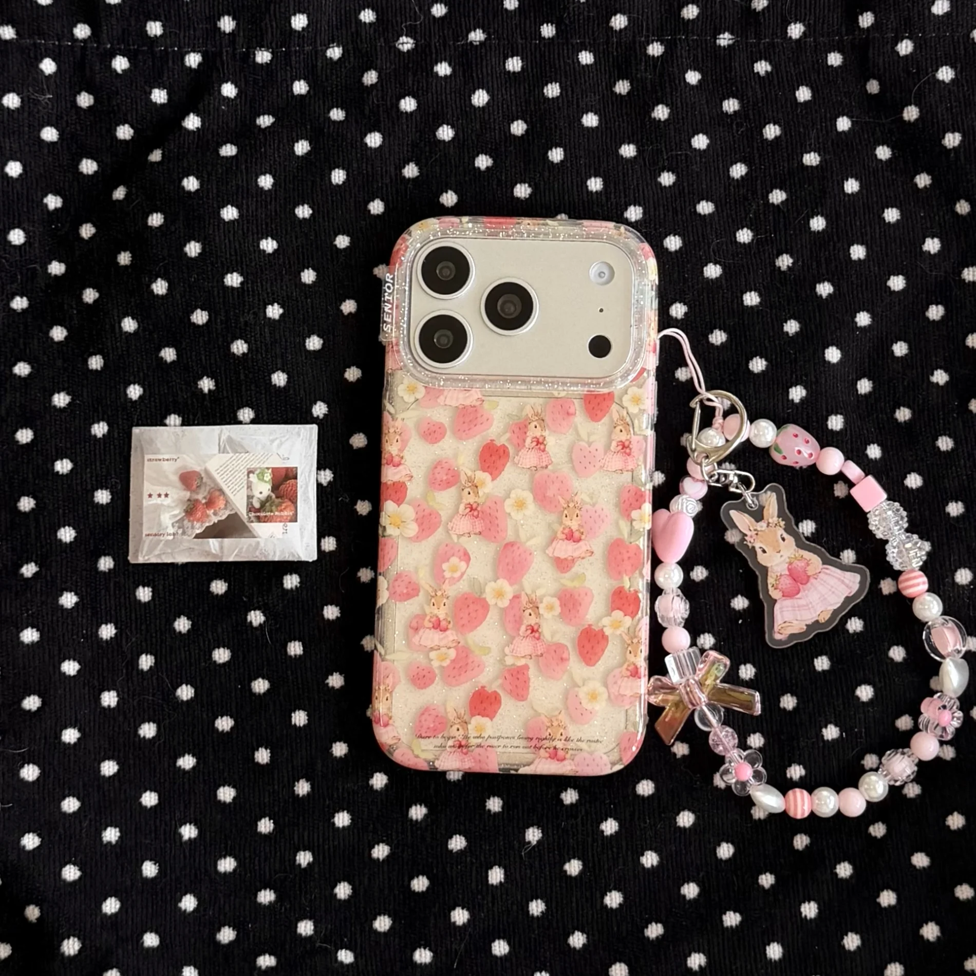 Charming Beaded Lanyard with Strawberry & Bunny Design - Sweet Clear Phone Case Back Cover