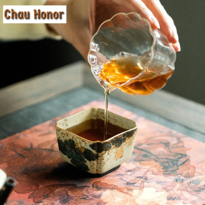 90ml Handmade Gold Drawing Auspicious Clouds Teacup Blue And White Flint Red Master Cup Square Meditation Cup Taste Chazhan Gift