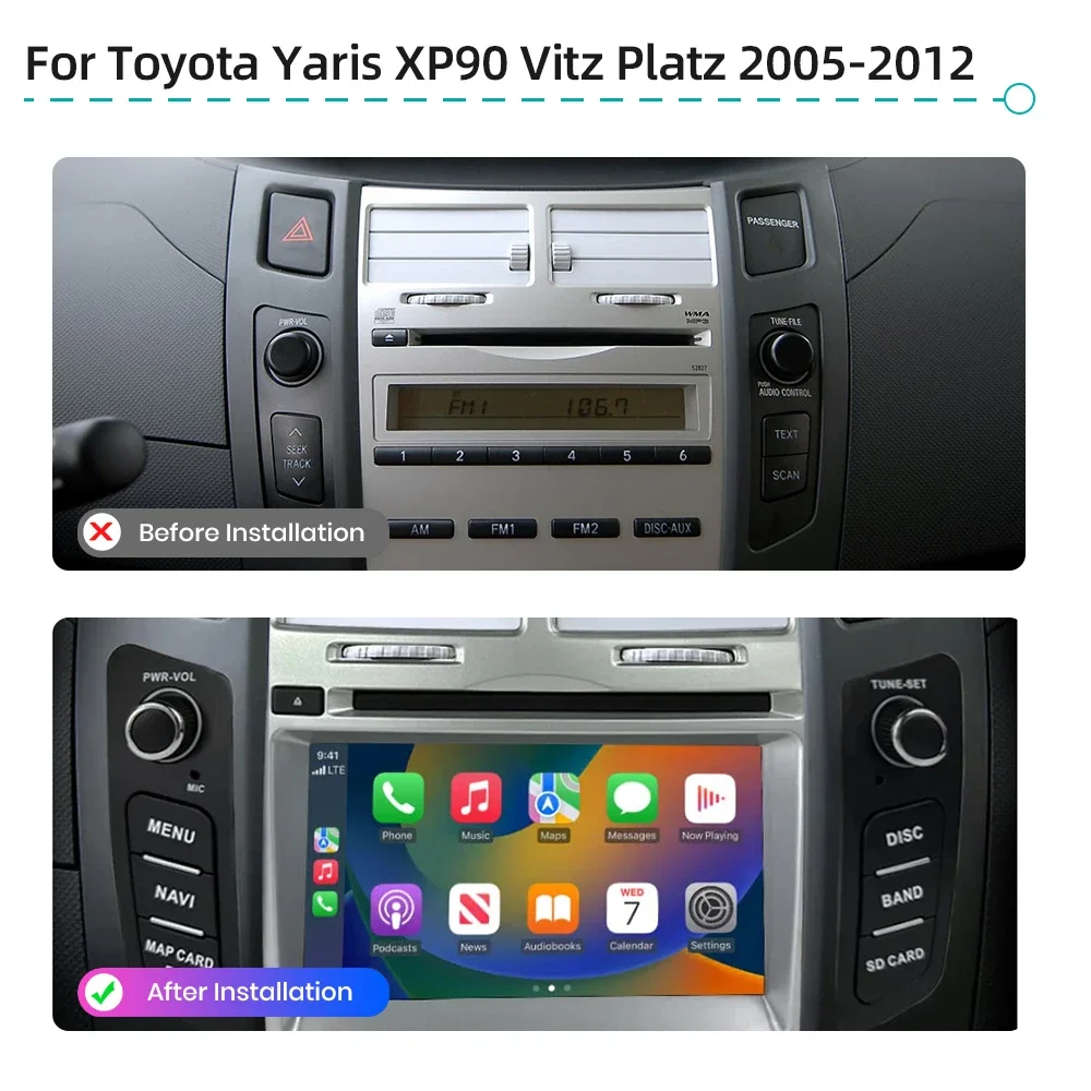 토요타 야리스 XP90 비츠 플라츠 2005-2012용 안드로이드 13 CarPlay 카 라디오 GPS 네비게이션 WiFi 4G 스테레오 멀티미디어 플레이어 헤드유닛