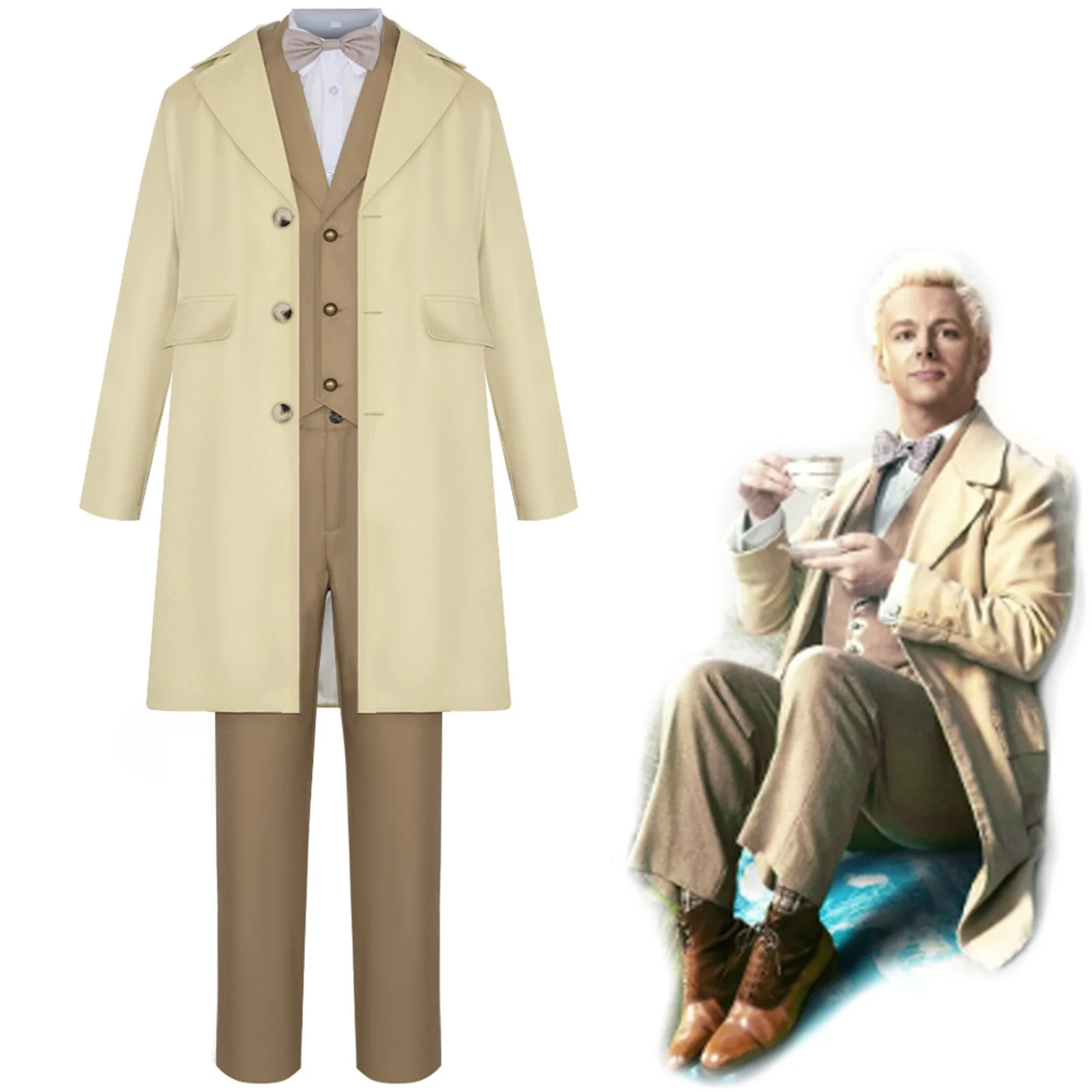 Aziraphale Cospaly Costume Good Omens Angel Jacket Trench Outfit Suit Halloween Carnival Men Suit