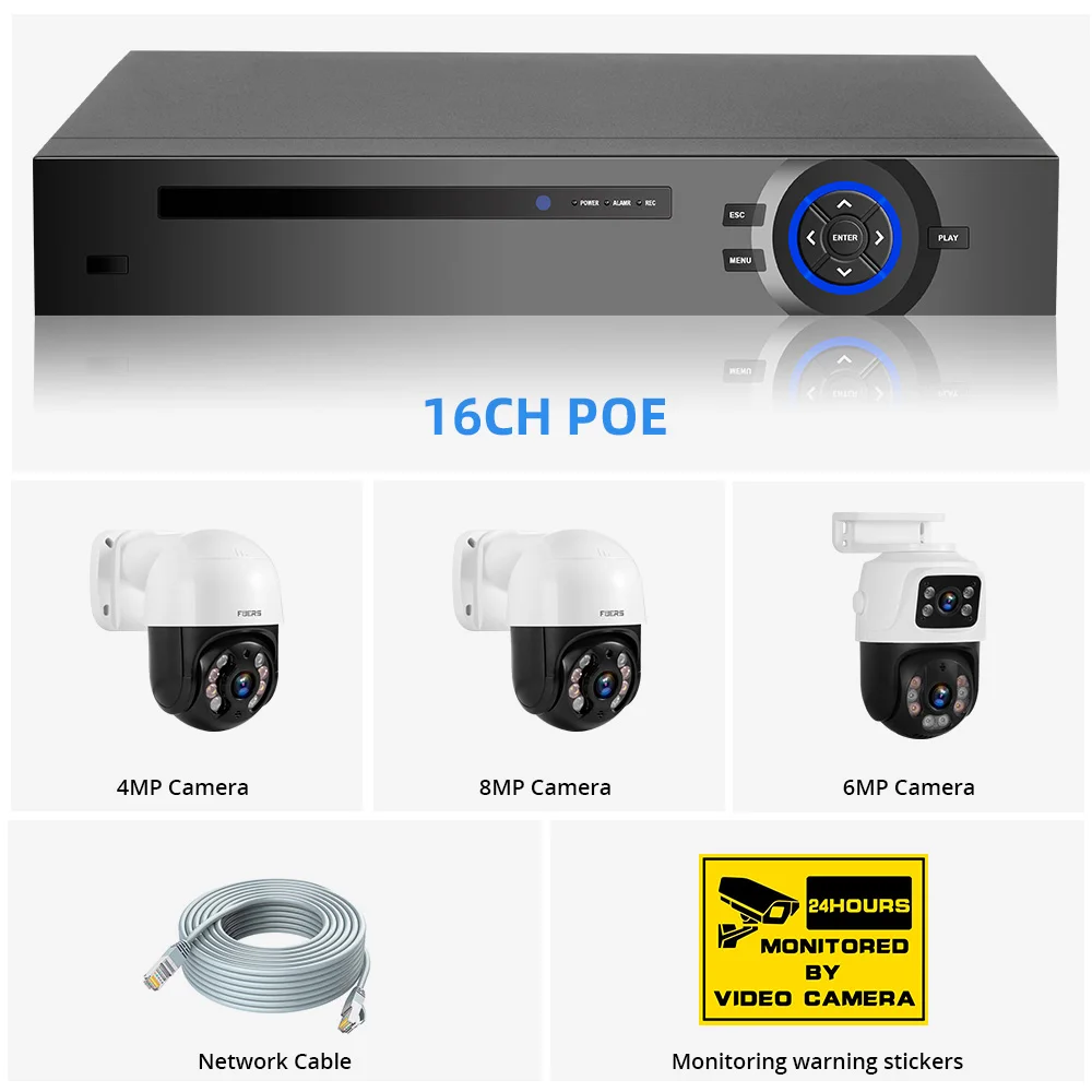 

FUERS 8CH 16CH Poe DIY Camera System Video Surveillance Security Camera Ptz Camera Outdoor Camera Two Way Audio Full Color Night