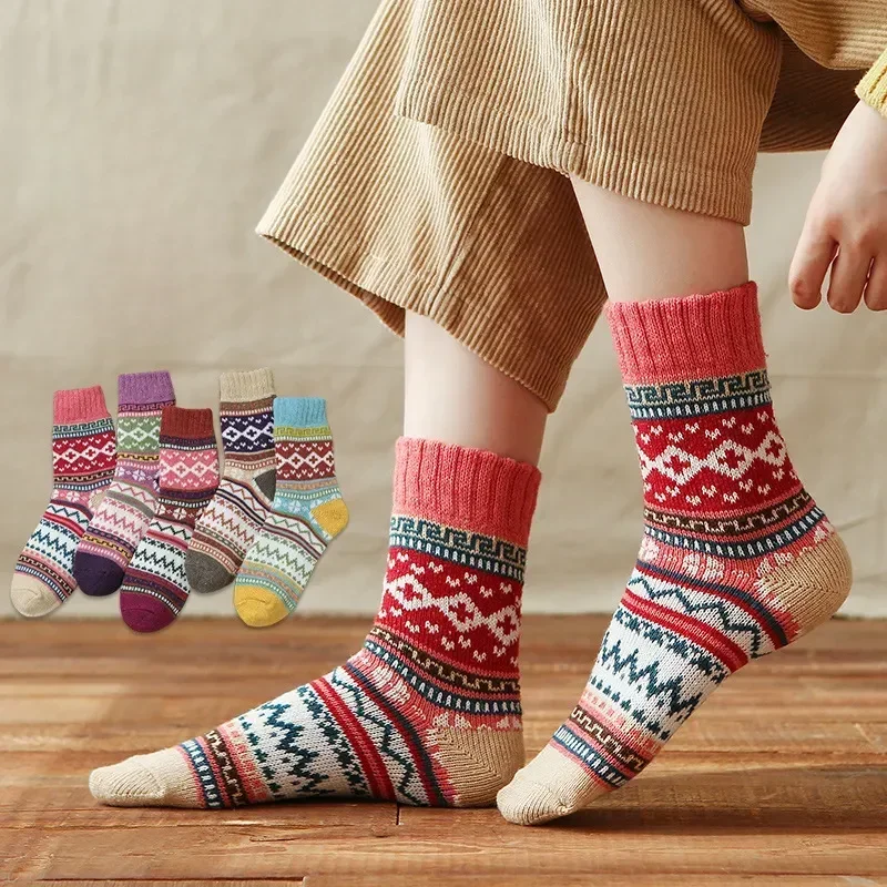 

Warm Wool Christmas Folk-custom Socks 5 Pack Retro Thermal Autumn Thickened Winter Snow Women Gift Nordic Style Lot