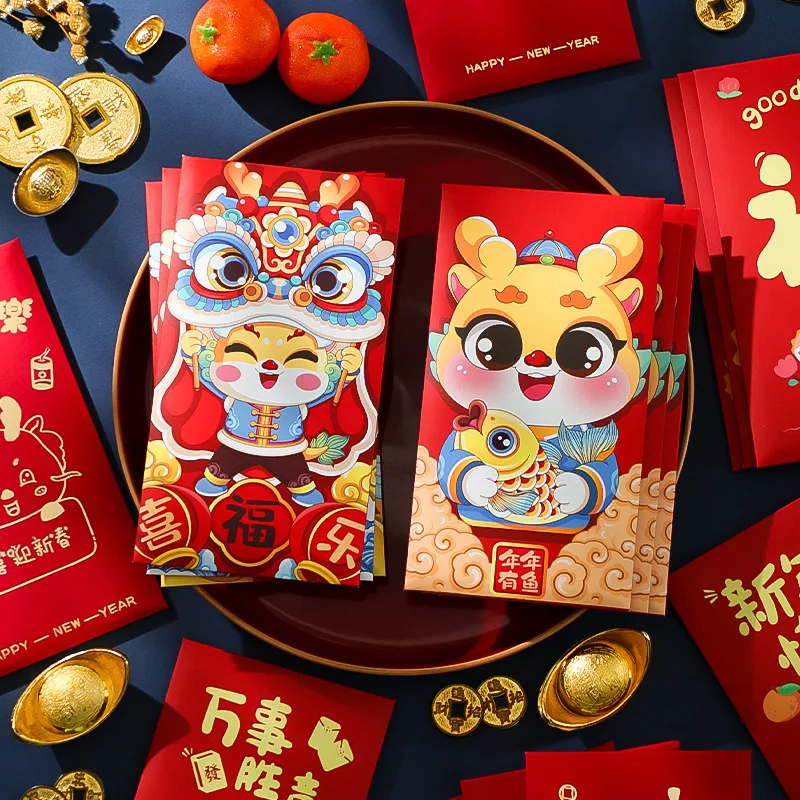 

6PCS Chinese New Year Red Envelopes HongBao 2024 Dragon Lunar Year Lucky Money Red Packets for Wedding Birthday Spring Festival