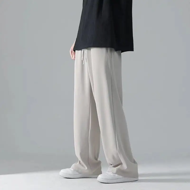 Ice Silk Straight Leg Casual Pants Men's Summer Thin Hong Kong Sle Drapey Wide Leg Casual Trousers Pure Color Loose Fit