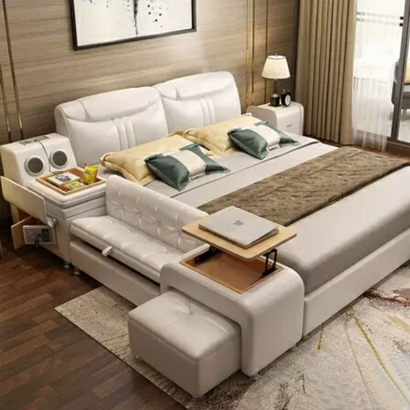 

Elegant King Size Bed Storage Loft Leather Light Luxury Bed Comferter Multifunctional Camas De Dormitorio Bedroom Furniture