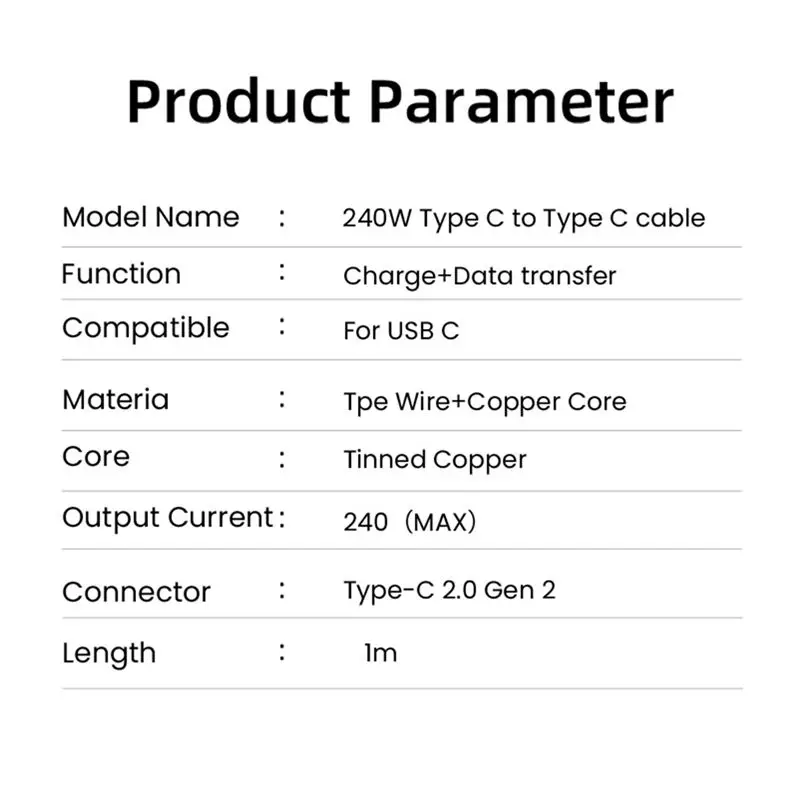 *ABDH PD3.1 240W 타입 C 고속 충전 케이블 USB-C 타입-C 2.0 Gen 2 5A 노트북 휴대폰 초고속 충전 케이블(1M)