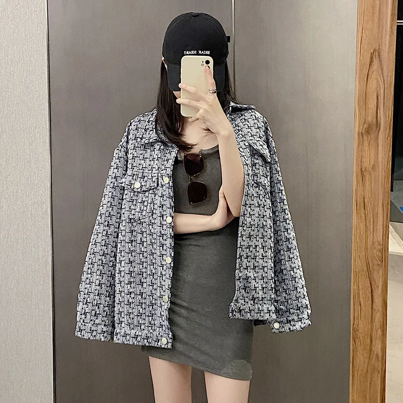 

Женская клетчатая куртка, куртка из твида в Корейском стиле, свободная рубашка для пары Джокера, весна