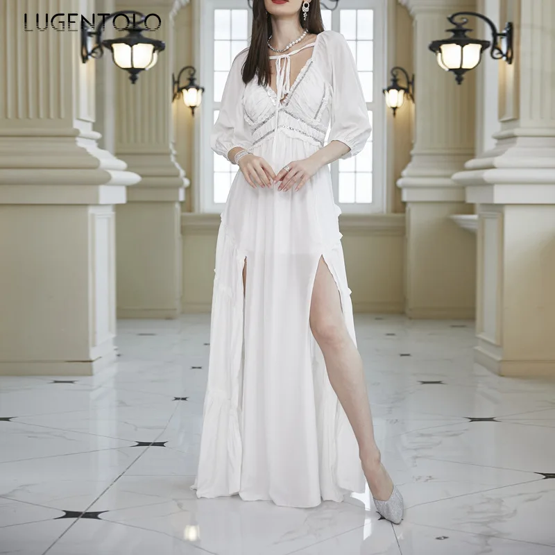 

Женское платье с разрезом, белое длинное платье с высокой талией, V-образным вырезом и рукавом до локтя, весна-лето