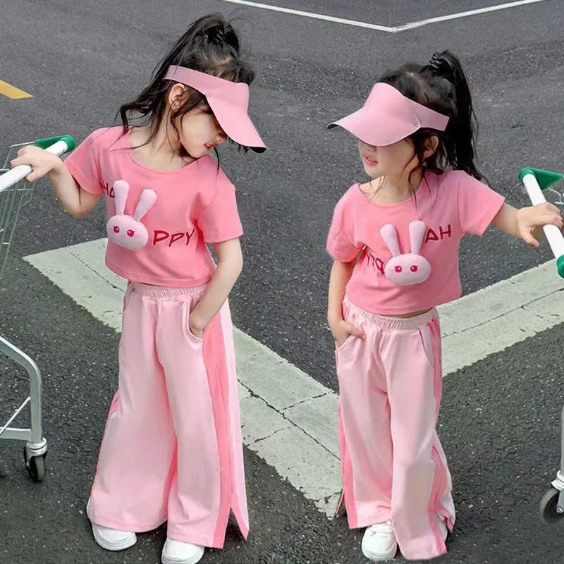 

New Girls Pink T-Shirt Sets Summer Kids Short Sleeve Clothing Suits Tops+Wide-Legged Pants 2Pcs Children Fashion Outfits 1-6Y