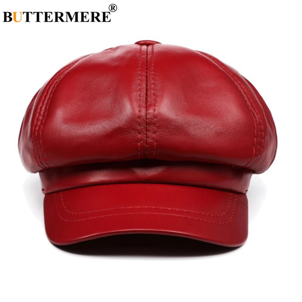 BUTTERMERE Genuine Leather Vintage Hat Women Newsboy Cap Pink Baker Boy Cap High Quality Brand Ladies Winter Octagonal