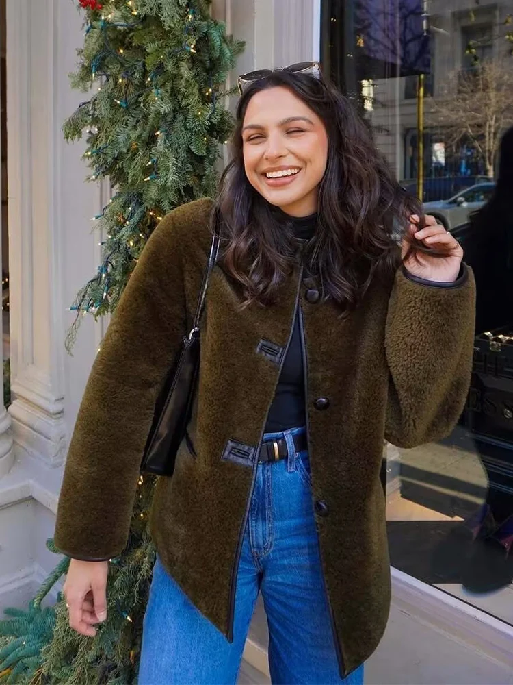 Winter Women Fur Faux Leather Warm Jacket Chic Contrasting Splice Casual Button O Neck Winter Fur One Piece Lamb Wool Jacket