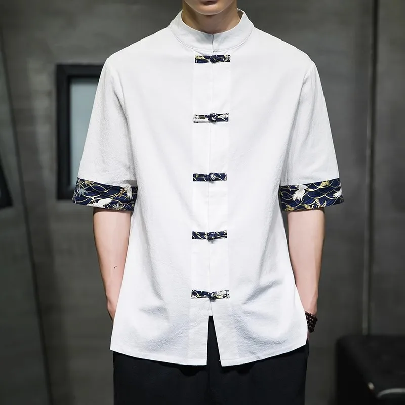 

Summer Chinese Shirt Men Traditional Short Sleeve Madarin Collar Male Cotton Linen Shirts Vintage Kung Fu Tai Chi Tang Clothing