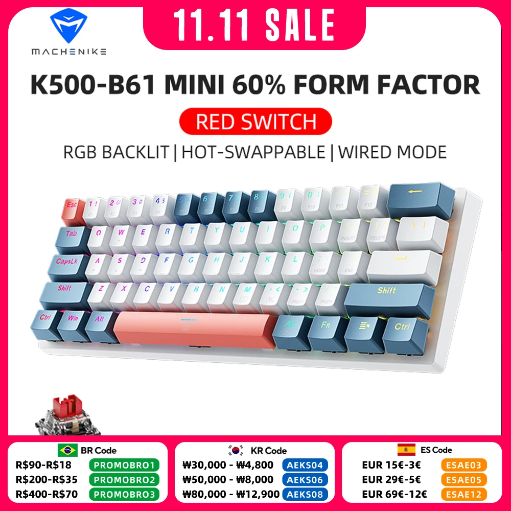 Machenike K500-B61 Mini Mechanical Keybaord 60% Form Factor 61Keys Gaming Keybaord Wired F... Machenike K500-B61 Mini Mechanical Keybaord 60% Form Factor 61Keys Gaming Keybaord Wired F...