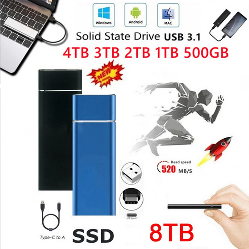 Портативный твердотельный накопитель жесткий диск SSD 8 ТБ 16 4 M.2 Type C USB 3.1