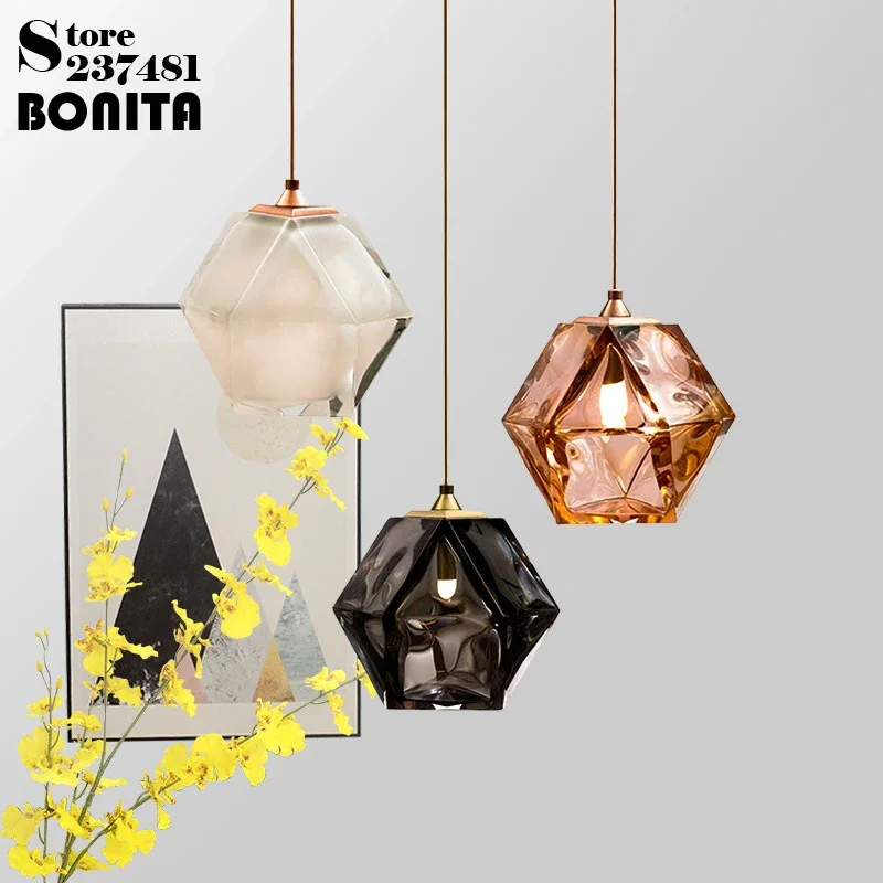 

Nordic Polygonal Frosted White Droplight Rose Gold Lava Pendant Lamps LED Smoke Black Multiple Mirrors Glass Hanging Lights