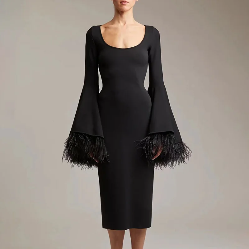 

Fashion Women's Black Long Sleeve Feathers Cuffs Female Feather Boutique Celebrity Cocktail Party Bandage Dress S6497