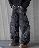 Baggy Jeans for Men Y2k Hip Hop Distressed Retro Black Pants  Oversized Embroidery Harajuku Gothic Wide Leg Trousers Streetwear 1