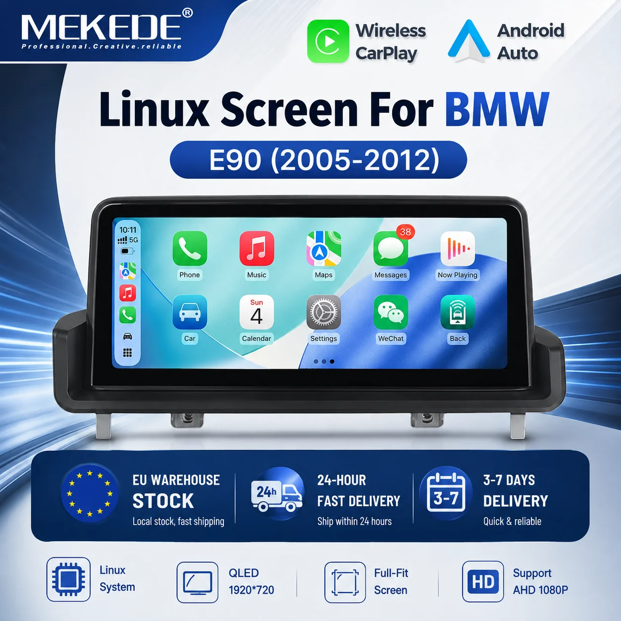 Pantalla MEKEDE CarPlay para BMW Serie 3 E90 E91 E92 E93 2005-2012, Radio Estéreo Multimedia Linux QLED 1920x720 con Pantalla Táctil, CarPlay Inalámbrico y con Cable, Compatible con Android Auto 1